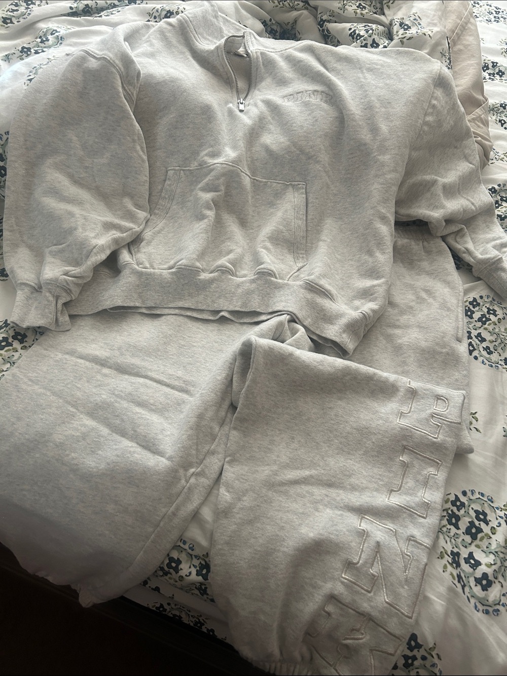 PINK Victoria's Secret Light Gray Quarter-Zip Pullover & Jogger Set